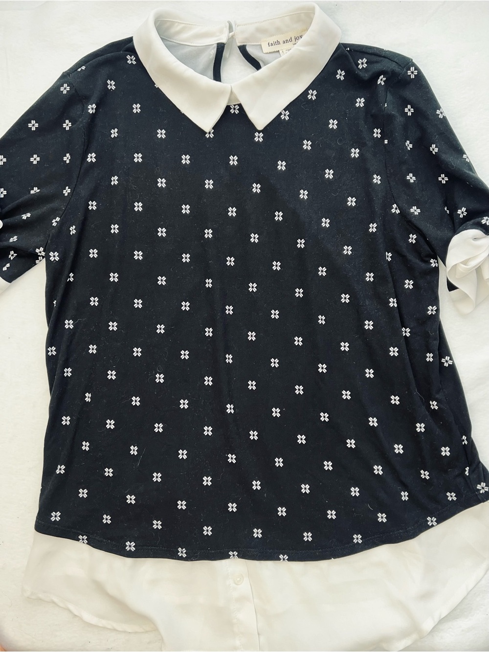 Faith and Joy Black Short-Sleeve Blouse with White Peter Pan Collar & Bows - L
